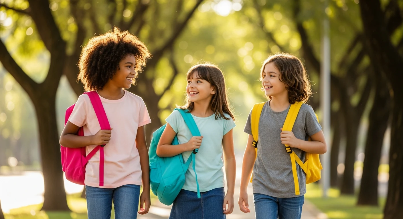Crianças e jovens sorridentes com mochilas e cadernos coloridos prontos para a volta às aulas